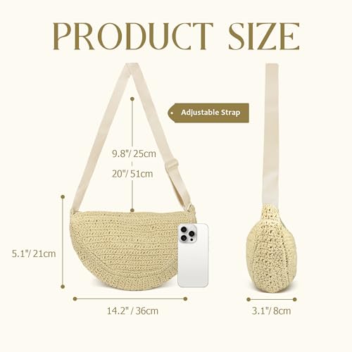 Straw Crossbody Bag for Women Summer Woven Beach Handbag Crescent Shoulder Purses with Adjustable Strap 2025 - color: Beige