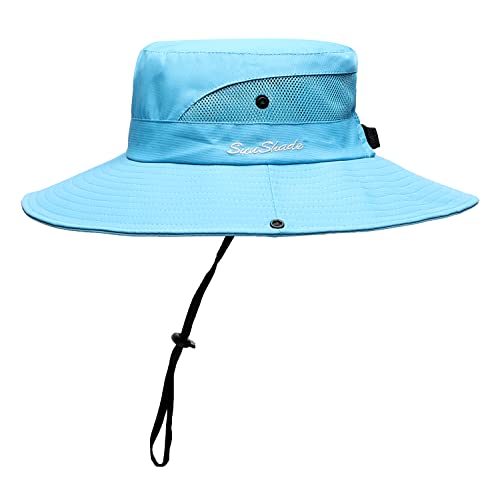 Womens Summer Sun Hat Beach Hat Wide Brim Outdoor UV Protection Hat Foldable Cool Mesh Ponytail Bucket Hat - color: Pure Sky Blue