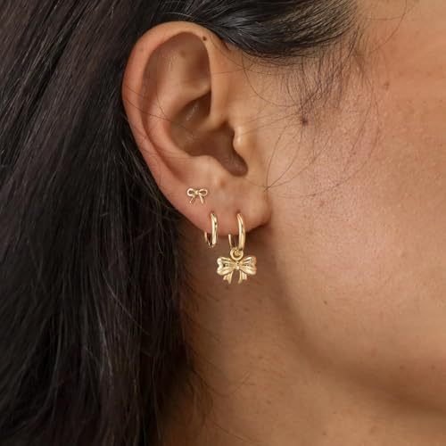 3 Pairs Small Earring Stacks, 14K Gold/Silver/Black/Rose Gold Plated Pearl Heart Butterfly Star Diamond Charm Drop Huggie Earrings Trendy Jewelry Gift for Women - color: Gold-Bow