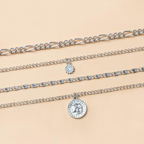 GIGB PBDK Layered Necklaces for Women Dainty 14K Gold Coin Sun Pendant Necklace Exaggerated Stackable Figaro Choker Necklace Trendy Birthday Jewelry Presents - color: Silver