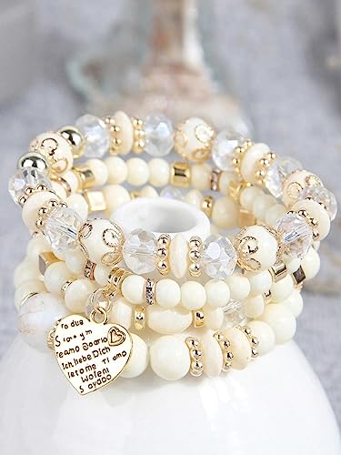Women Beaded Bracelet Set | Colorful Boho Stackable Trendy Design with Crystal Accents Multilayer Bangle Bracelet | Fashion Stretch Braclets Jewelry for Women - color: White