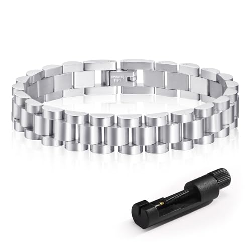 MPRAINBOW 2pcs 18K Gold Plated Chain Link Bracelet, Stainless Steel Crystal Friendship Bracelets Bangle,Watch Band Chains Wristband Jewelry with Adjust Tool - color: Silver-18cm