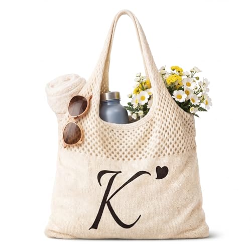 Shinylin Personalized Crochet Tote Bag for Beach Women Beige Mesh Knit Shoulder Bag Boho Aesthetic Tote for Women - style: Letter K