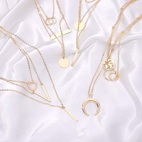 6 Pieces Layered Necklaces For Women Long Necklaces Gold Choker Necklaces Map Coin Bar Crescent Moon Necklace Layered Y Pendant Necklace Multilayer - color: gold