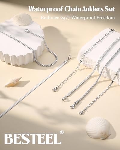 Besteel Ankle Bracelets for Women Waterproof - 14K Gold Plated Non Tarnish Layered Cuban Link Chain Rope Figaro Herringbone Anklets Set Plus Size Anklet Summer Foot Jewelry Gift Adjustable 8-12 Inch - style: 6 Pcs Steel Tennis-8.5+2.5 Inch