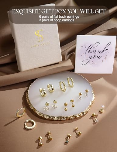 Hypoallergenic Flat Back Earrings Stacks for Women - Surgical Steel Studs Small Hoop Flatback Stud Cartilage Earring Sets for Multiple Piercing Jewelry 14K Gold/Silver Plated 9Pairs