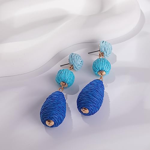 Boho Raffia Earrings Statement Dangle Earrings Cute Teardrop Ball Earrings Colorful Summer Jewelry Handmade Rattan Earrings for Women - color: 3Blue
