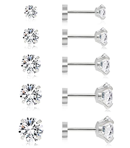 Dainty 6 Pairs Surgical Steel Earrings Sets for Multiple Piercing, Lightweight 14K Gold Plated Small Huggie Hoop Earrings, Flat Back Tiny Ball CZ Stud Earrings for Cartilage, Helix, Lobe, Hypoallergenic - style: Silver- 3/4/5/6/8mm CZ Stud
