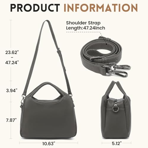 KOGTLA Medium Genuine Leather Purses for Women with Detachable Satchel Strap, Ladies Soft Handbags, Tote Hobo Bags - color: Grey