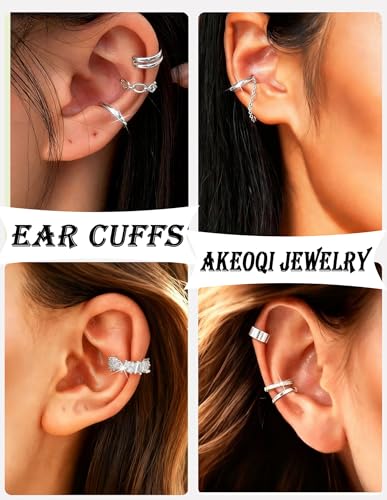 AKEOQI 16 Pcs Ear Cuff Earrings Non Piercing Cubic Zirconia Ear Cuffs for Women Silver Gold Plated Clip on Cartilage Helix Wrap Fake Earrings Jewelry - color: Silver