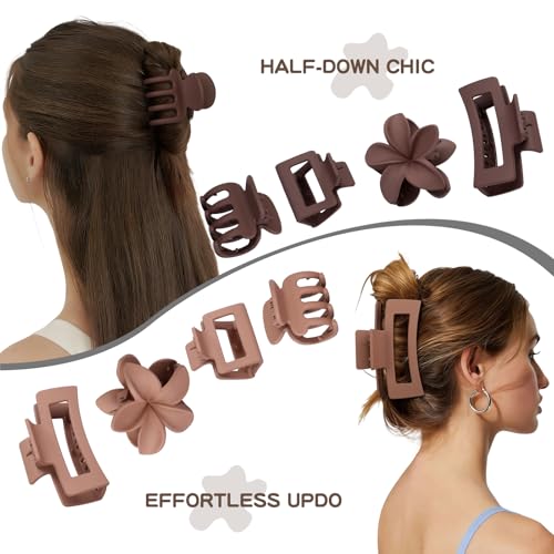 8 Pcs Neutral Matte Hair Claw Clips Set, Strong Hold Non-Slip Jaw Clips for Women Girls, Rectangle & Flower Design Hair Clips for Thick/Thin Hair, Daily & Styling Accessories（Coffee Red） - color: Coffee Red