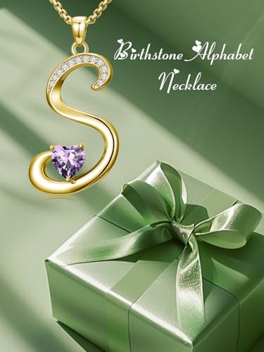 Birthday Gifts for Women 18k Gold Initial Necklaces for Women Simple Alphabets Letters with Birthstone Pendants Name Jewelry Anniversary Wedding Gifts for Sister Daughter Her (with Gift Box) - color: 02-Feb-Amethyst, style: Letter S