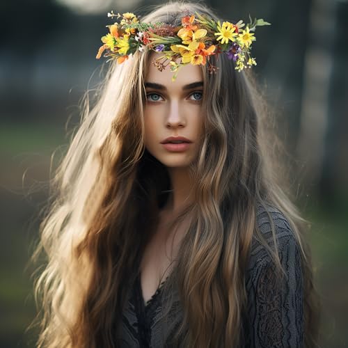 Vivivalue Women Flower Crown Flower Headband Hair Wreath Floral Headpiece Halo Boho with Ribbon Wedding Party Festival Photos - color: P