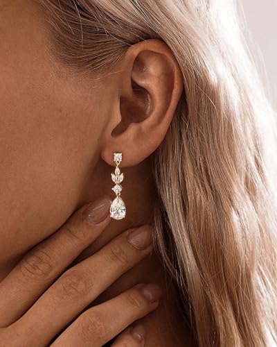 HANLI Dangle Earrings for Women – 14K Gold Plated/Silver Drop Earrings Sparkly CZ Gold Dangle Earrings Elegant Dangling Earrings for Wedding Bridal Prom Jewelry - color: 1-Dangle CZ Gold