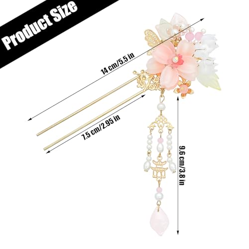 2PCS Chinese Hair Sticks Pink Flower Hair Pins Hanfu Tassel Hair Chopsticks Floarl Dangling Hair Fork Vintage Hair Accessories for Buns Long Hair Women