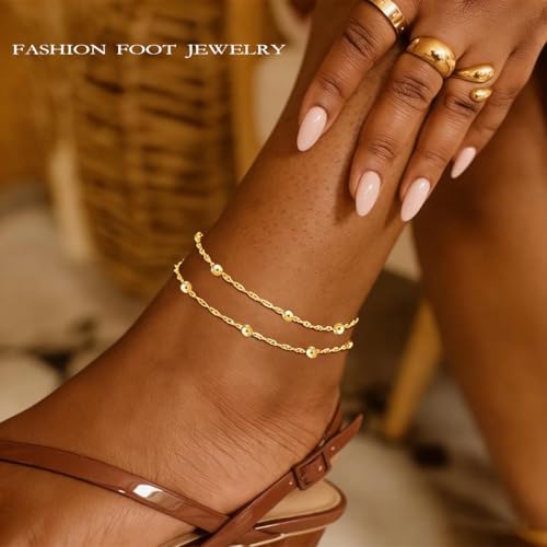 Yalice 925 Silver Ankle Bracelets Chain for Women Dainty 14K Gold Plated Waterproof Beads Anklets Layered Beach Foot Jewelry Gift - color: Gold-Satellite Chain