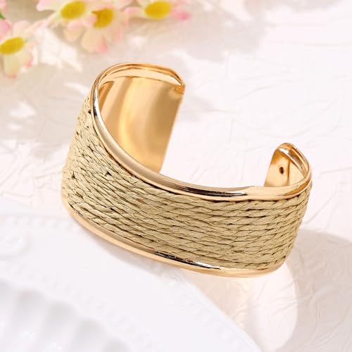 Raffia Colorful Chunky Cuff Bracelet For Women Statement Irregular Wave Vacation Tropical Beachy Spring Summer Wide Open Bangle Handmade Boho Costume Jewelry Accessories - color: Beige