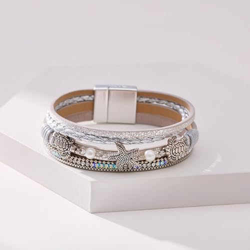 Long tiantian Boho Leather Wrap Bracelets Western Bracelets for Women Stackable Starfish Crystal Pearl Turquoise Leather Bracelet With Clasp Jewelry Gifts Boho Dresses - color: B7:grey Bracelet
