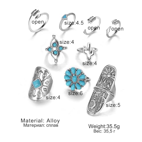 Western Rings Set for Women Red Boho Turquoise Ring Vintage Stackable Knuckle Rings Bohemian Cowboy Cowgirl Jewelry Country Concert Outfits - color: turquoise A