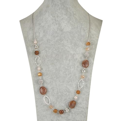 BULINLIN Beaded Long Necklace for Women Silver Sweater Chain Necklace with Crystal Resin Beads, Fashion Jewelry Necklace - color: Brown