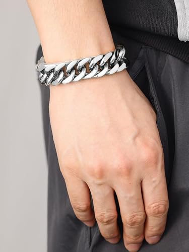 ChainsHouse Stainless Steel Cuban Link Bracelet, 8mm/12mm/17mm Width, 7.5"/8.3"/9", 18K Gold Plated Chain Wrist Bracelets for Men Women, Send Gift Box - color: R: Steel-17mm width-custom