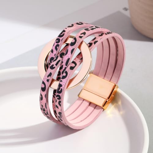 Fuqimanman2020 Circle Charm Leather Wrap Bracelet Boho Handmade Layered Cuff Bracelets for Women Teen Bohemian Multi Strand Bangle Bracelets Holiday Jewelry - color: Leopard print pink