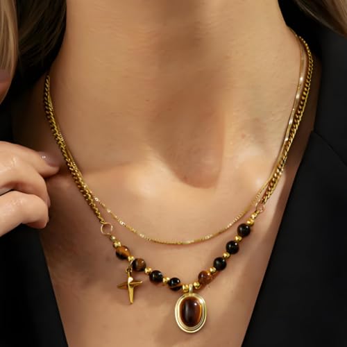 Tiger Eye Necklace for Women Vintage Gold Tiger Eye Brown Stone Pendant Layered Stack Beaded Necklace Elegant Vintage Boho Jewelry - style: SetA