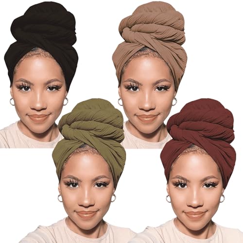 Head Wraps for Black Women African Head Wrap Lightweight for Women Long Plain Turban Hair Scarf Scarves - color: 4 Pcs-black,camel,army Green,coffee