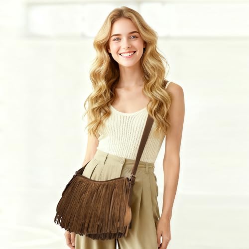 Fringe Shoulder Bag for Women Underarm Suede Western Hobo Purses and Handbags Trendy Crossbody Purse with Tassel - color: Brown