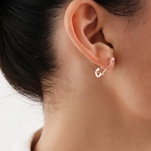 CHIC & ARTSY 925 Sterling Silver Safety Pin Earrings - Lightweight Comfortable Punk Paperclip Cartilage Hoop Earrings, Trendy Industrial Style Jewellery for Women and Men - color: Rose-Small Heart