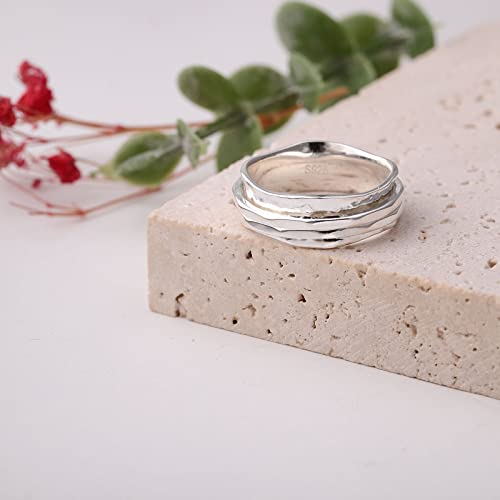 925 Sterling Silver Anxiety Ring with Beads Fidget Spinning Rings for Women Worry Beads Rings - color: hammered design B