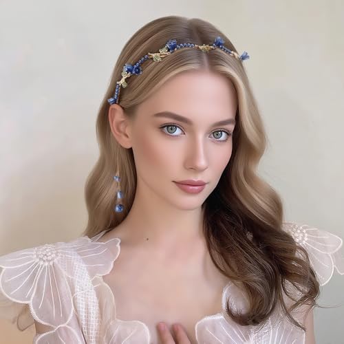 AHONEY Blue Flower Headband for Women Girls Hair Vine Leaf Boho Headband Wedding Fairy Accessories Headpiece - color: Blue