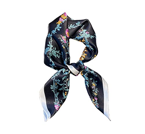 JERLA 100% Pure Mulberry Silk Square Scarf for Hair-27''x27'' Women Men Natural Silk Neckerchief Headscarf - color: Black and Blue Flower