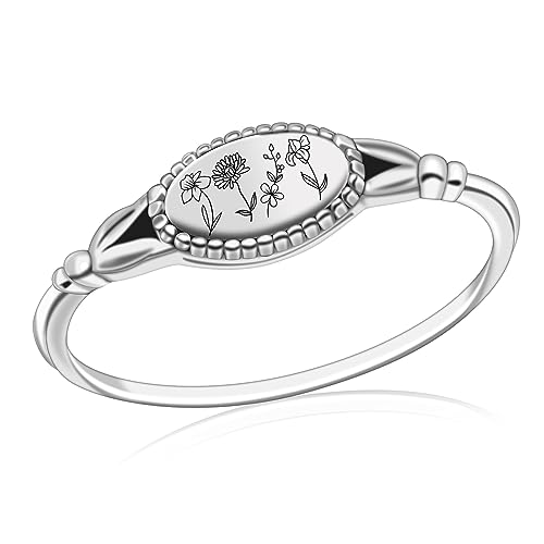 Birth Month Ring for Women Personalized Birthday Flower Signet Rings 925 Sterling Silver Vintage Rings Personalized Gift with Birth Flowers for Mom Daughter Girlfriend Wife Friend - color: 4 flowers
