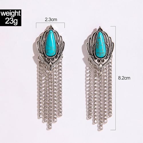 Boho Long Chain Tassel Dangle Earrings Ethnic Geometric Turquoise Stud Earrings Silver Fringe Chandelier Earrings Statement Jewelry for Women