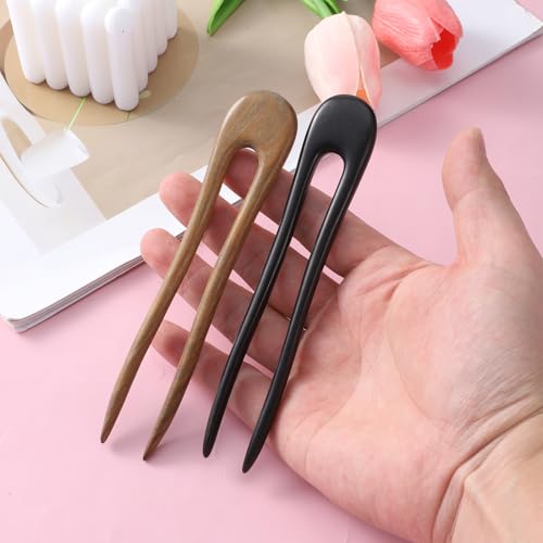 2 Pack U Shaped Hair Pins with Two Prongs Hair Clips for Buns, Wooden Hair Forks, French Hair Pin, Wooden Hair Fork for Women, Valentines Wedding Prom Decorative accessories