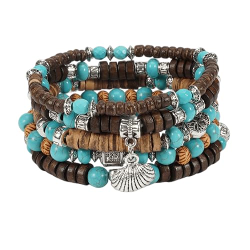 COLORFUL BLING Boho Turquoise Wooden Beaded Stretch Bracelets Stackable Turtle Butterfly Elephant Shell Heart Charms Bracelet for Women Men Western Jewelry Gifts - style: Set 4
