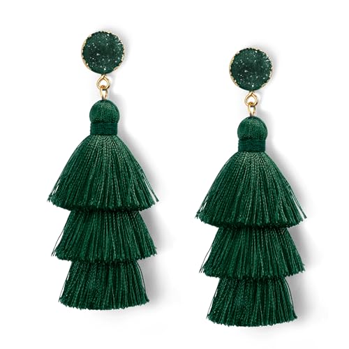 Me&Hz Colorful Layered Tassel Earrings Bohemian Statement Tiered Tassel Big Dangle Drop Earrings for Women Druzy Studs Valentine’s Day Gift - color: Deep Green