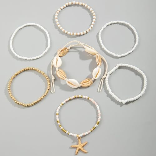 Pingyongchang Bohemian Stackable Shell Beaded Ankle Bracelets for Women Colorful Boho Multi-Layer Seashell Gold Starfish Adjustable Handmade Braid Bracelet Summer Beach Holiday Accessories Gifts - color: White
