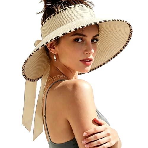 Women's Sun Visor Hats Wide Brim Beach Hat Straw Ponytail Visor Packable Foldable UPF 50+ Floppy Travel Hats - color: Beige02