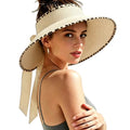 Women's Sun Visor Hats Wide Brim Beach Hat Straw Ponytail Visor Packable Foldable UPF 50+ Floppy Travel Hats - color: Beige02