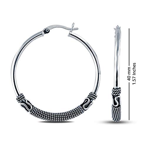 Charmsy 925 Sterling Silver Oxidized Balinese Hoop Earrings for Women | Lightweight Click Top Antique Oxidized Balinese Hoops Earring | Sise 30-60mm - color: Bali Hoop-40MM/1.57"