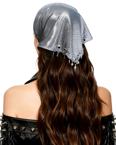 Punk Triangle Head Scarf with Metal Charms - Y2K Sparkly Bandana for Women | Vintage Neck Scarf for Festival Party Concert - color: Brushed Silver