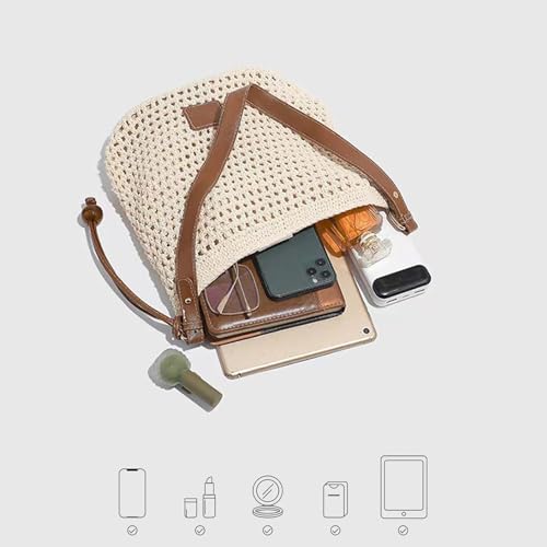 Cotton Fibre Crochet Beach Tote Bag for Vacation,Bohemian Cotton Hobo Shoulder Bag Casual Woven Purse for Women - color: Beige Shoulder Bag
