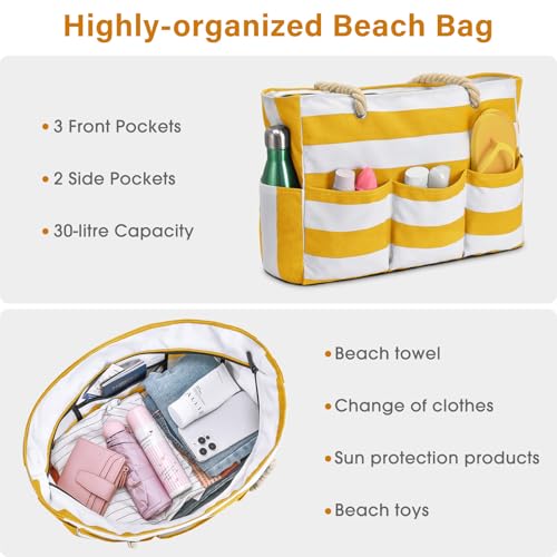 Becokan Beach Bags for Women Canvas Large Beach Tote Bag Zipper Waterproof Sandproof Foldable Swim Pool Bag with 7 Pockets - color: Yellow
