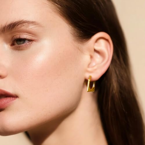 Gold Sculptural Hoop Earrings for Women, 14K Gold Plated Statement Earrings, Lightweight Hypoallergenic Jewelry for Sensitive Ears, Trendy Gift for Her - style: Square