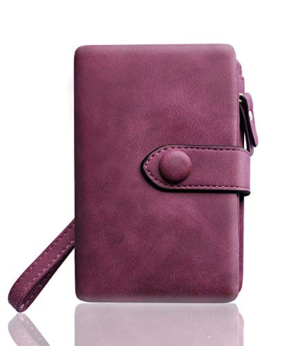 AOXONEL Women's Small Bifold Leather wallet Rfid blocking Ladies Wristlet with Card holder id window Coin Purse - color: Purple