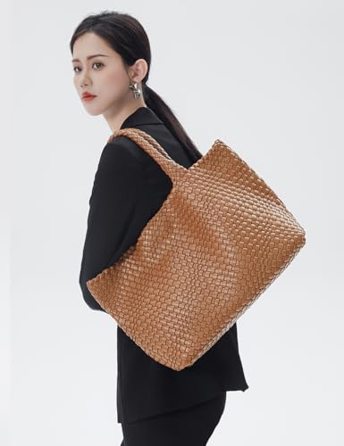 Handmade Woven Tote Bag for Women, Soft Vegan Leather Shoulder Bag with Purse, Large Travel Handbag - color: Brown