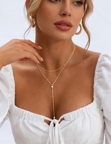 iF YOU Lariat Gold Long Necklaces for Women Trendy, Dainty 14K Gold Plated Drop Chain Necklace, Layered Rosary Beaded Y Necklaces Summer Beach Jewelry Gifts - color: Bead CZ layered necklace-GLD