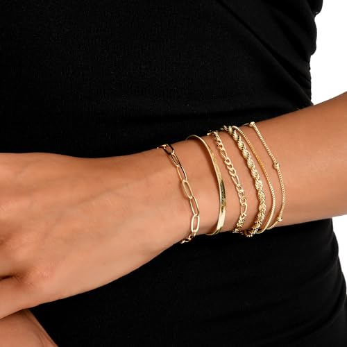Dainty Gold Bracelets for Women, 14K Gold Plated Stackable Bracelet Set, Adjustable Beaded Cuban Paperclip Herringbone Figaro Snake Rope Chain Jewelry - style: Set1-1 Gold 6Pcs